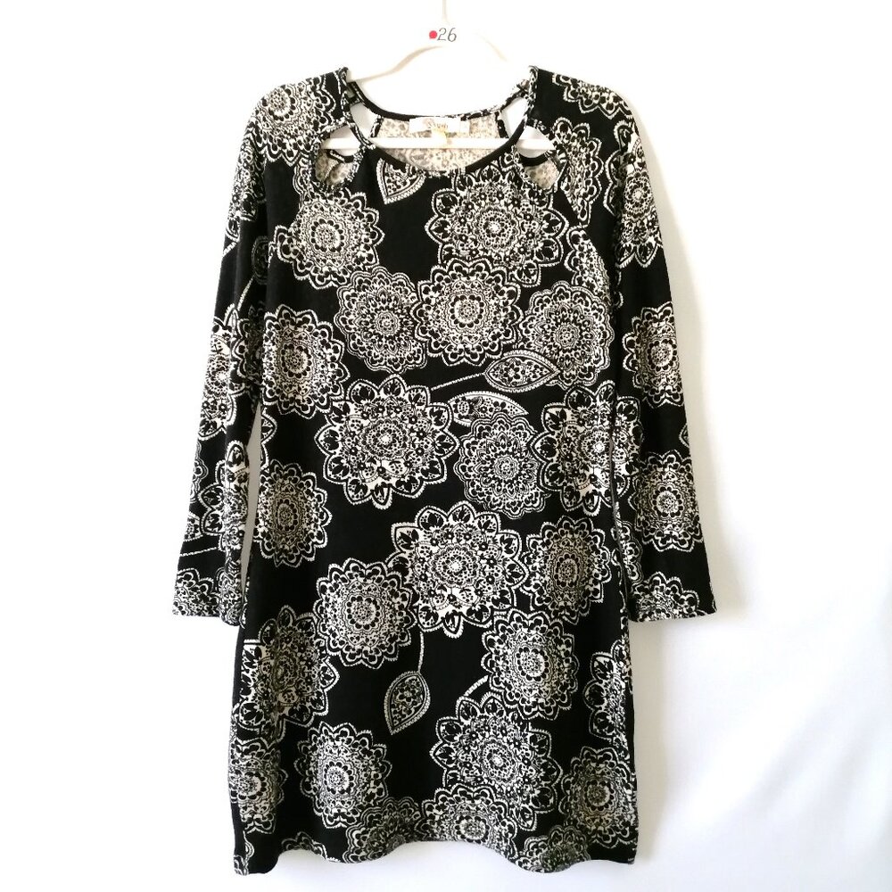 Axyeh Womens Black Floral Round Neck Cut Out Long Sleeve Shift Dress Size M